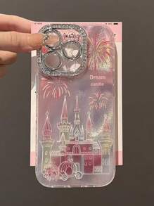 High-Quality Ins-Style Pink Firework Castle Carriage Rhinestone Mirror Phone Case, Compatible With IPhone 16 Pro Max/IPhone 15 Plus/IPhone 14 Plus, Full Coverage Lens Protection For IPhone 11/13 Pro/12 Pro Max