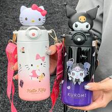 Sanrio 1 Stück Hello Kitty 316 rostfreier Stahl Isolier-Wasserflasche 600ml auslaufsicher mit Strohhalm & Riemen, süßer Buchstabendruck Reise-Trinkbecher für Frauen, Weihnachten Halloween Thanksgiving Geschenk, Urlaubsgeschenk | Charakter-Themen-Trinkflasche