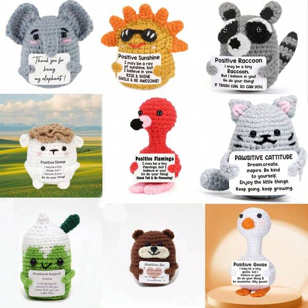 1pc Sheep Goose Raccoon Flamingo Little Embryo Cat Cucumber Sun Elephant Bear Hand-Knitted Plush Doll Ornaments Positive Energy Encouraging Words Can Also Be Given As Small Gifts To Friends And Family. Lovely Knitted Toys Are Very Suitable For The Living Room And Desk At Home, And Are Also Birthday Gifts And Decorative Ornaments For Room Decoration As Graduation Gifts.