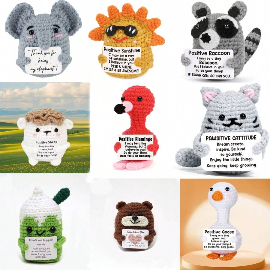 1 pieza de muñeco de peluche hecho a mano con diseño de oveja, ganso, mapache, flamenco, pequeño embrión, gato, pepino, sol, elefante o oso. Estos adorables juguetes de punto son ideales como decoración del hogar, regalos de cumpleaños o de graduación, y también pueden ser un pequeño presente para amigos y familiares con palabras de aliento.
