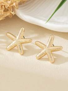 1 Pair Minimalist Metal Smooth Five-Pointed Star & Starfish Stud Earrings For Women, Summer Beach Holiday, Gift For Friend