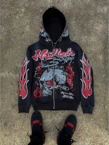 Y2K American Vintage Harajuku Street Dark Hip Hop High Street Cartoon Printed Zip Hoodie Loose Sweater High Street