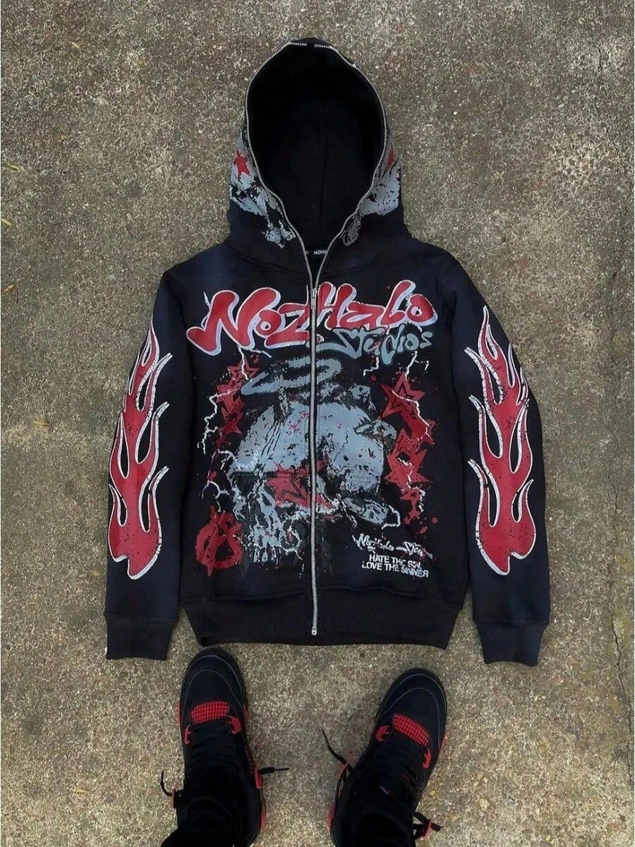 Y2K American Vintage Harajuku Street Dark Hip Hop High Street Cartoon Printed Zip Hoodie Loose Sweater High Street