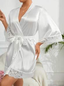 Satin Women's Robe With Lace Trim, Bridal Bathrobe Bridesmaid Gift, Lace Lace Pajama Lace Up Casual Bathrobe, Summer Bathrobe, Seasonal Bathrobe Back To School - White - View 6
