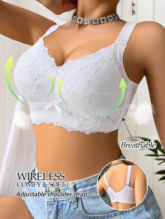 1pc White Lace Women's Wireless Bra, Large Bust Slimming, Lightweight Breathable Quick-Drying With Lift And Side Shaping, Adjustable 4-Hook Closure, Suitable For Bridal, Kawaii