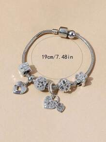 1pc Fashionable Rose Gold Beaded Bracelet, Hollow Carved Heart Charm With Rhinestone Embellishment Valentines,Mom,Mother,Mother's Day,Gift