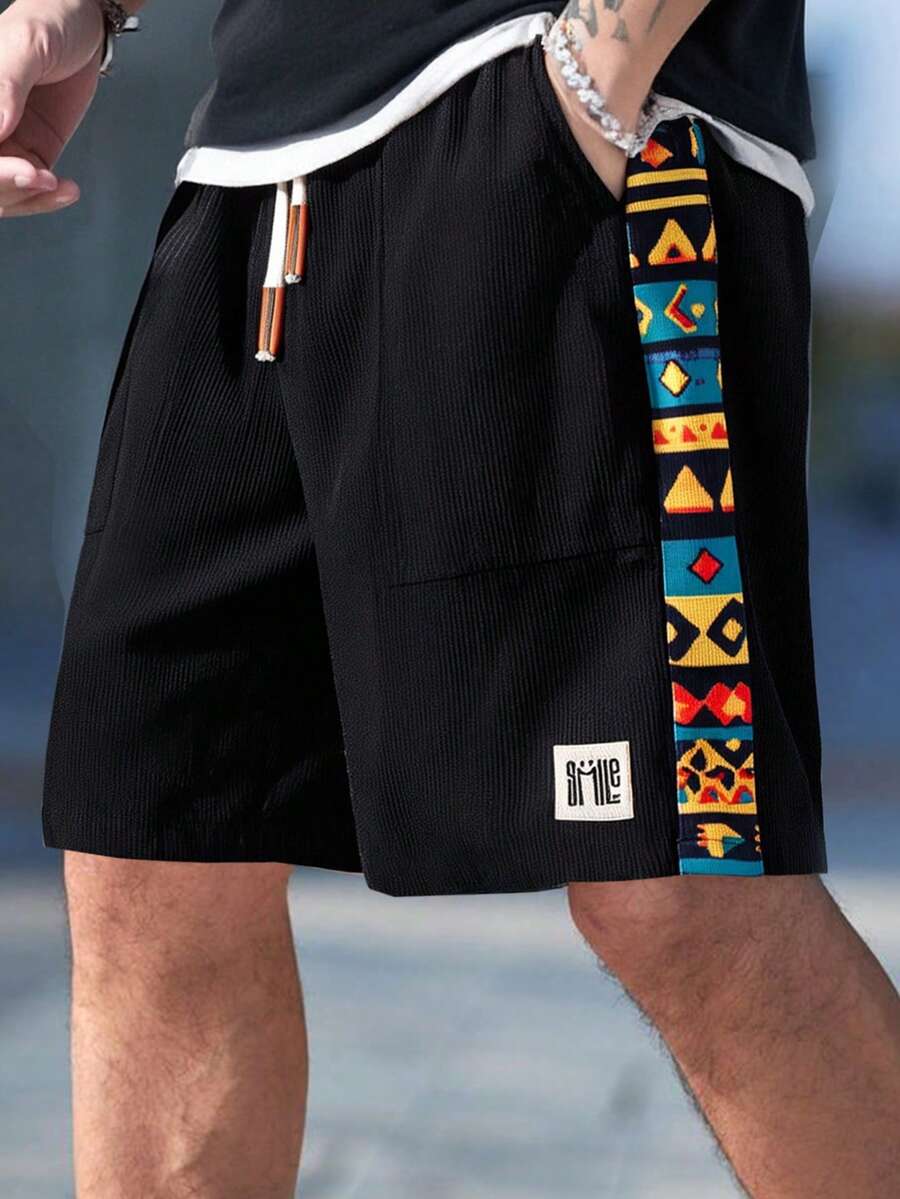 Summer Men's Textured Corduroy Patchwork Print Drawstring Shorts, Side Stripe Casual Loose Fit Breathable Fabric Streetwear Retro Shorts, Vertical Striped Textured Material - Black - View 1