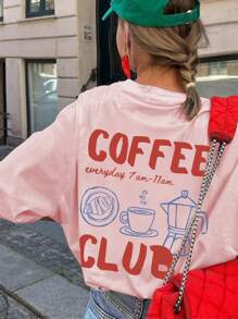 Women's Summer New Simple Coffee & English Print Round Neck White Short Sleeve T-Shirt, Casual Everyday Wear, Versatile Top