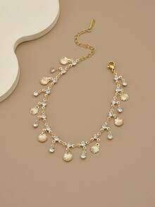 1pc Fashionable Seashell Rhinestone Inlaid Shiny Stainless Steel Women Beach Jewelry Anklet, Ocean Theme Series, Beach Accessory - Yellow Gold - View 5