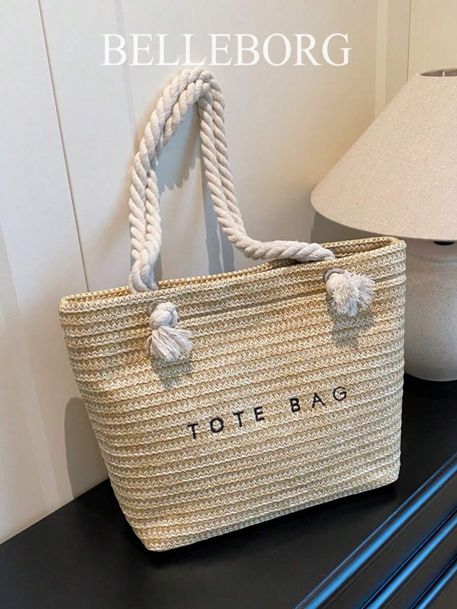 休闲度假大容量草编托特包，别致优雅的女士单肩手提包 - 黑色 - 查看 1