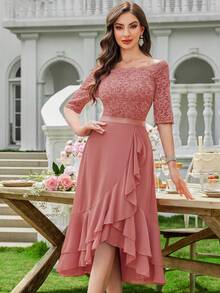 MIUSOL 船领花卉蕾丝拼接荷叶边下摆鸡尾酒会摇摆连衣裙婚礼宾客连衣裙舞会连衣裙