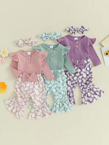 Baby Girls 3 Piece Outfits Set Ribbed Long Sleeves Romper And Daisy Print Elastic Flared Pants Headband Set Spring Fall Clothes - Blue - View 2