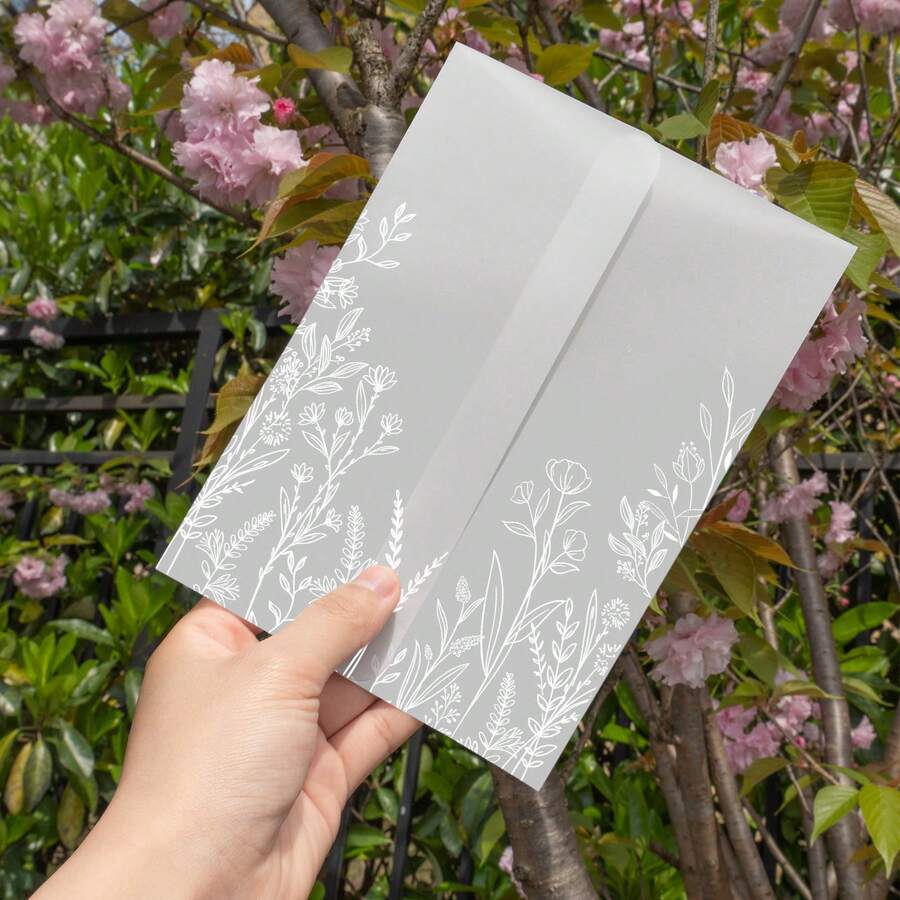 Vellum Jackets For 5x7 Invitations - Pre-Folded 130GSM Translucent Paper Wraps For Wedding, Baby Shower, Birthday (Wildflower Pattern)