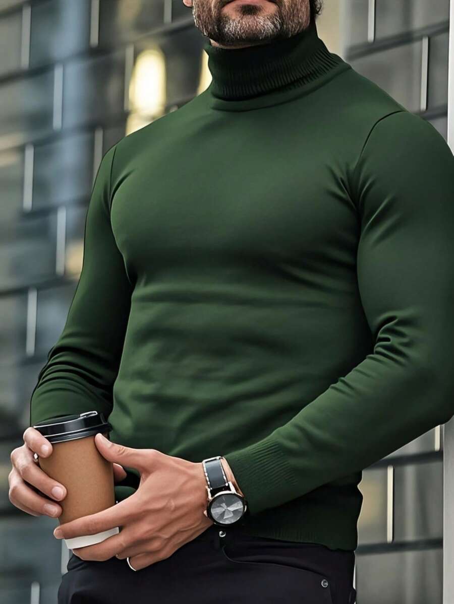 Men's Everyday Casual Solid Color Turtleneck Long Sleeve Sweater, For Fall Winter - Dark Green - View 1