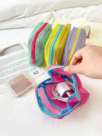 Dopamine Color Grid Data Cable Storage Bag, Portable Handheld Wire Earphone Power Charger Storage Bag, Multi-Function Lipstick Bag. Cosmetic Bag Storage Bag Small Travel Storage Bag, Cosmetic Storage Bag, Zipper Bag Necessities Travel Accessories Mobile Phone Storage Bag Suitable For Gifts, Friends, Girls, Students Zipper Cosmetic Bag Gift Storage Jewelry Storage Box