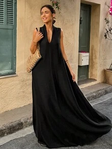 Plus Size Women Summer Casual Solid Color Linen-Like Sleeveless Dress