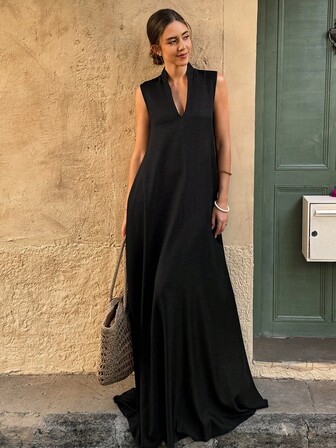 大码女式夏季休闲纯色仿亚麻无袖连衣裙