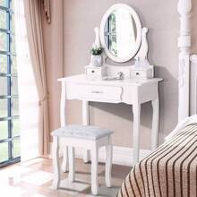 Set da toeletta bianco con sgabello, toeletta moderna con sgabello e specchio, con cassetti, tavolo in legno e sgabello imbottito per camera da letto, bagno