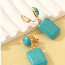 Oval Turquoise Ear Clip Earrings For Women, Geometric Non-Pierced Personalized Earrings
