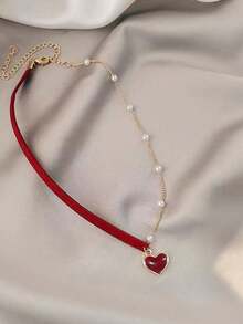 Kalung Rantai Tulang Selangka Hati Merah Kecil Pendek, Kalung Choker Hati Minimalis Bergaya untuk Wanita - Merah - View 2
