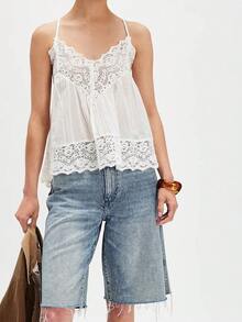 Women Lace Trim Tank Top Sleeveless Button Down Chiffon Cami Shirt Y2K Summer Tie Front Ruffle Flowy Crop Vest - trắng - Xem 1