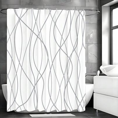 1pc Punkray Gray & White Striped Fabric Shower Curtain, Includes 12 Hooks, Waterproof Bathroom Accessory, Hotel Style - Machine Washable, Waterproof & Mildew Resistant, Polyester Material, Non-Blackout, Lightweight & Breathable. Color May Vary Slightly Due To Lighting Conditions. Includes 12 Hooks - Artistic Bathroom Decor.