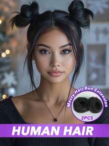 2PCS Messy Bun Hair Piece Human Hair Wavy Stretchy Real Human Hair Scrunchies Hair Bun Donut Elegant Chignon With Elastic Rubber Band Human Hair Tousled Updo Extension Elegant Human Hair Buns #Black #Natural Black #2 #4 Multicolor