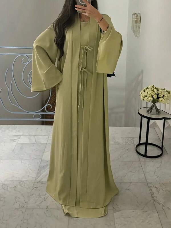 ANCHOSE Conjunto de 2 peças de robe elegante sem mangas feminino do Oriente Médio e cardigan longo com laço