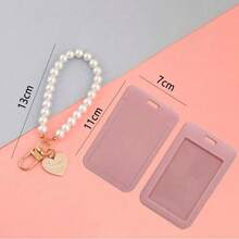1 chiếc Macaron Abs Solid Color Push-Pull Card Holder với chuỗi ngọc trai giả & mặt dây chuyền hình trái tim. Thích hợp cho thẻ đeo tay học sinh, thẻ nữ, thẻ Id Bus Pass Protector, thẻ Campus Card Protector Back To School - Hồng - Xem 3