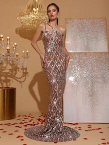 Vestido ceñido de malla transparente sin mangas con tirantes finos y lentejuelas, vestido de noche formal para mujer para invitada de boda, dama de honor, fiesta, vacaciones