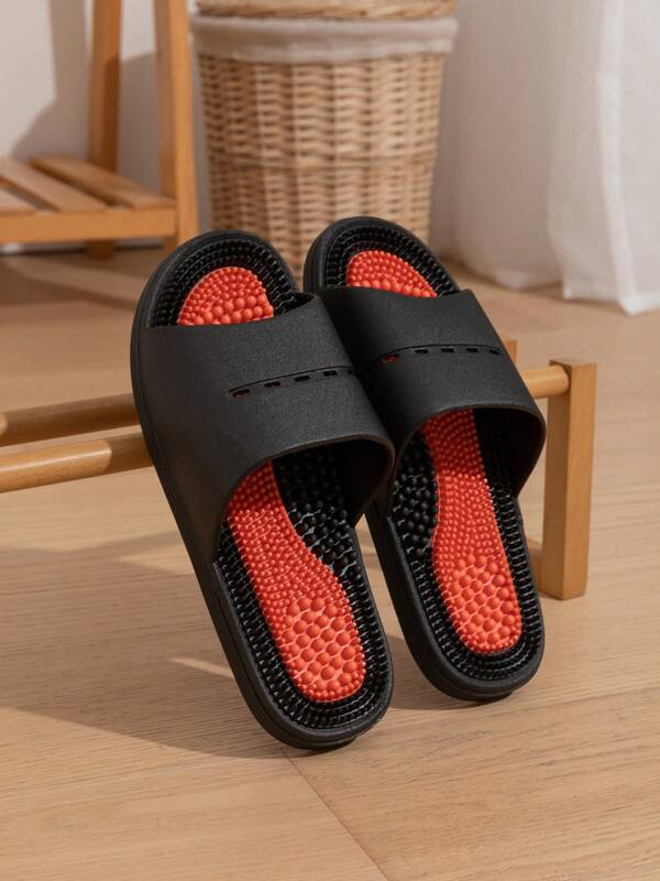 Black Contrast Color Men's Massage Slippers, Bathroom Shower Shoes With Foot Massage, Comfortable Anti-Slip And Durable
