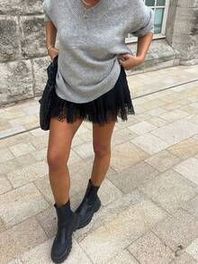 Women Lace Trim Half Slip Skirt Elastic Y2k Floral Sheer Mini Skirt Ruffle Pleated Underskirt Shirt Extender - 黑色 - 查看 5