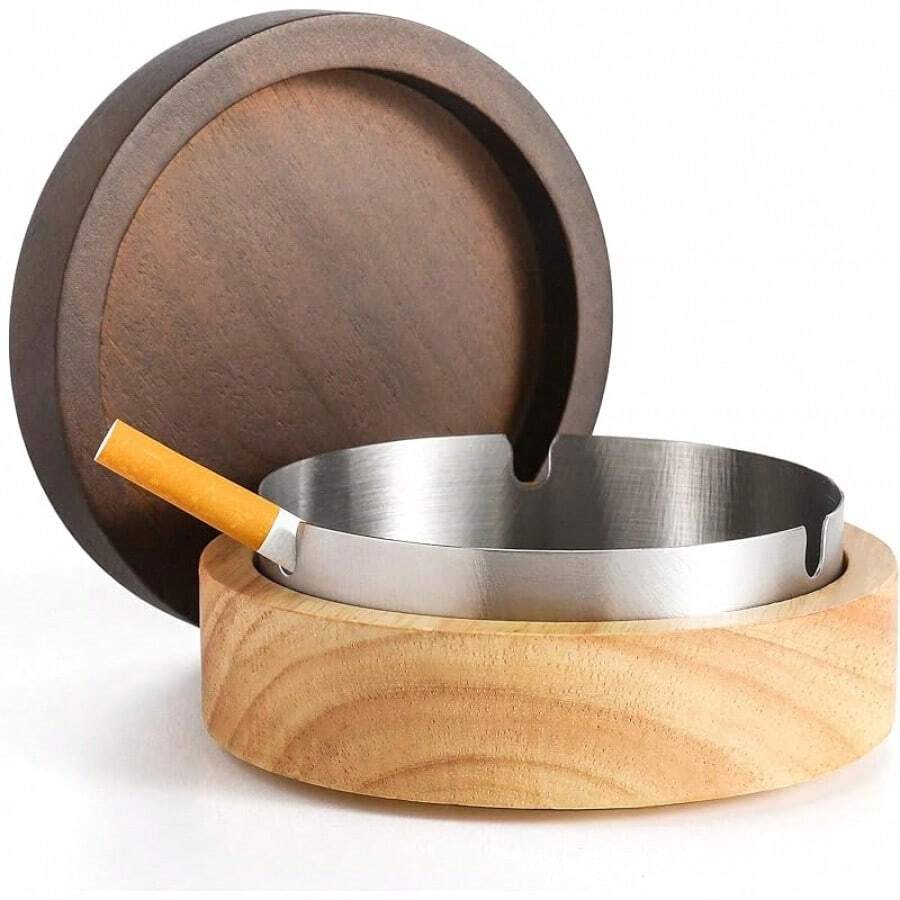 Cute Ashtrays For Cigarettes Ash Tray With Lid DDAJJAJ Wooden Ashtray With Stainless Steel Portable Decorative Ashtray Windproof Ashtray For Home,Patio,Office,Outdoors,Indoor,Parties - gỗ - Xem 1
