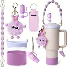 7 piezas de accesorios para la Copa : correa para asa de botella de agua, protector de silicona para taza, soporte para lápiz labial, dijes de llavero y dijes para asa, accesorios de tapa para funda de pajita, compatible con Cup de 40oz/30oz, artículos escolares