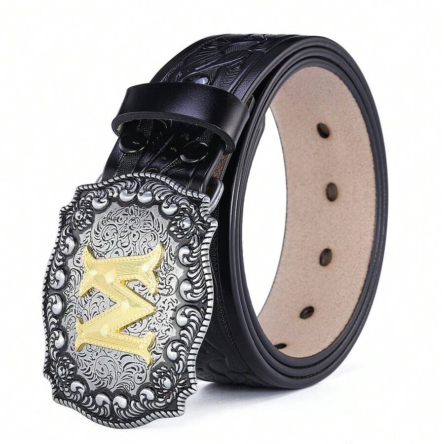 Letters A-Z Belts For Men Big Buckle Western Male Belts Retro PU Leather Waist Strap For Pants Pank Street Cowboy Cowgirl Style Black 3.8cm Width Casual, Business, Boyfriend Husband Father Dad Men Gift, Daily Wear, Fashion, Teen, Outdoor, Vacation, Athletic, Travel, Street, Boho, Vintage Fall, Autumn, Halloween Autumn-Winter Accessories, Suitable For Teens, Youth, Men, Casual, Outdoor, Athletic, Vacation, Graduation Gifts, Birthday, Daily Wear - Letter - View 1