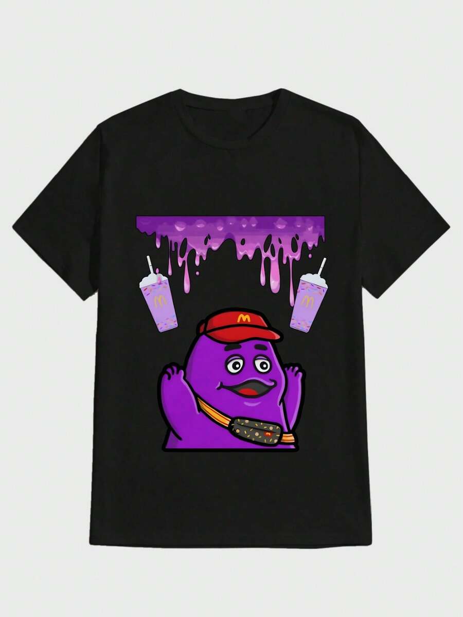 Para hombre,Estampado con un monstruo violeta y bebidas de McDonald's,Camiseta casual de cuello redondo y manga corta con estampado,adecuada para uso diario en primavera y verano,unisex - Negro - Ver 1