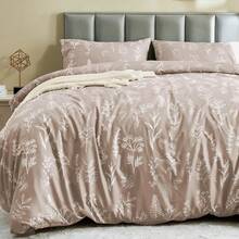 Duvet Cover King Size, Reversible Floral Lavender Duvet Cover Set With Zipper Closure, 3 Pieces Botanical Patterns Soft Microfiber Bedding Set (90"X104", 2 Pillow Cases 20"*36") - 01 - 灰褐色葉子(無被子) - 查看 1