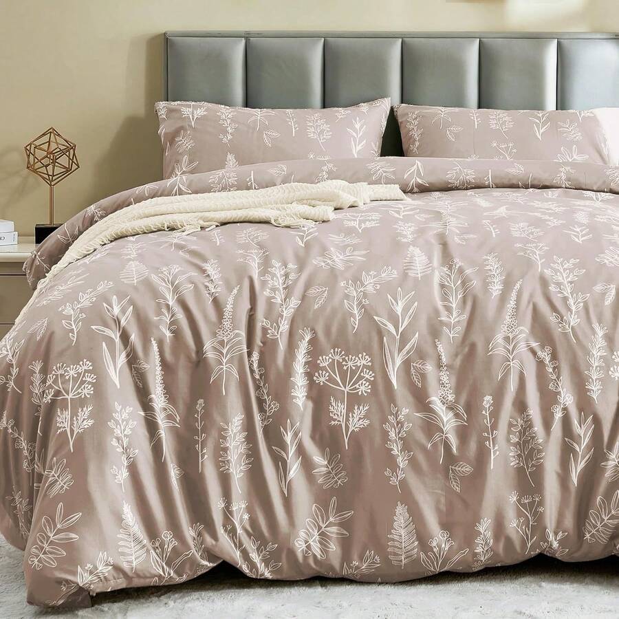 Duvet Cover King Size, Reversible Floral Lavender Duvet Cover Set With Zipper Closure, 3 Pieces Botanical Patterns Soft Microfiber Bedding Set (90"X104", 2 Pillow Cases 20"*36") - 01 - 灰褐色葉子(無被子) - 查看 1