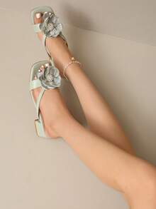 2025 Summer French Thick Heel Pearl Flower Detailing Slide Sandals, Open Toe Versatile Mid-Heel Mules For Women