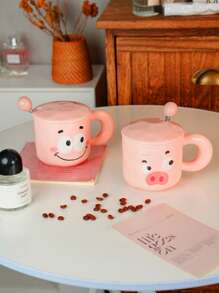 1 Stück 350 ml rosa Keramik Kaffeebecher mit Deckel & Löffel, süßer Cartoon Schwein Milchbecher mit Griff, sinnvolles Geschenk zum Geburtstag und für Paar, stilvoller Wasserbecher