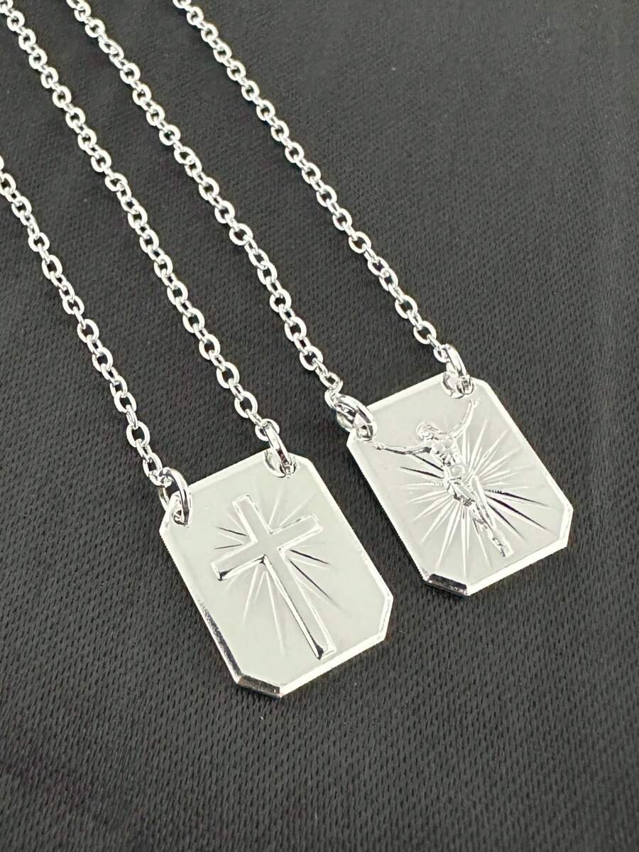 Men's Chain Scapular With Cross Plate And Jesus Christ Crucifix Plated In 925 Silver And 18k Gold - Bạc - Xem 1