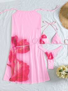 3 件套女士婴儿黄色芙蓉花泳衣，适合夏日从泳池边到海滩，基本款优雅比基尼花卉装饰罩衫纱笼沙滩装 - 粉色 - 查看 3