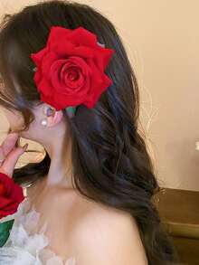 1 件时尚浪漫甜美高品质人造玫瑰花发夹，适合情侣、派对、度假、球爪夹发夹发夹 - 紅色 - 查看 5