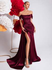 ADYCE Đầm dạ hội khoét vai, đầm maxi dài xòe rộng, eo cao, hở lưng, cổ yếm, đính đá lấp lánh, thắt lưng buộc eo, thích hợp cho các buổi tiệc, dạ hội và các dịp lễ kỷ niệm. - Màu Đỏ Sâu - Xem 8