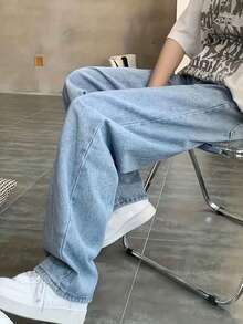 1 条男士直筒修身蓝色牛仔裤，舒适休闲工作服牛仔裤，适合送给丈夫/男朋友的礼物 - 淺色水洗藍 - 查看 3