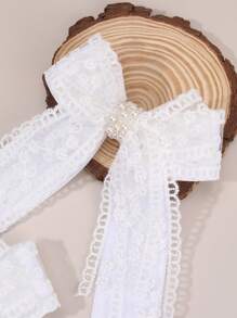 2 piezas de grandes lazos para el cabello de encaje con estilo de hada, pasadores de cabello con cola larga blanca con clip de flores de perla para uso diario y fiesta de boda, regalos perfectos para niñas, accesorios para el cabello