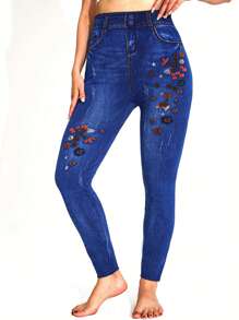 Leggings elásticos de ajuste ceñido de moda casual para mujer, de estilo de calle, de longitud de tobillo, con estampado de vaquero, estrella y flor, con efecto moldeador, cómodos y transpirables para uso diario, deporte y actividades al aire libre