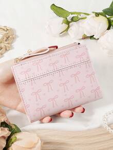 粉色蝴蝶结爱心图案多功能零钱包，时尚勃艮第钱包，女士短款钱包，两折设计，多卡位，银行卡收纳，信用卡收纳，零钱包，拉链开合，照片窗口，优质皮革，是送给女朋友、母亲、老师、情人节、日常使用、旅行必需品、办公室、购物的理想旅行包和礼品袋，女士必备钱包和卡夹 - 粉色 - 查看 13