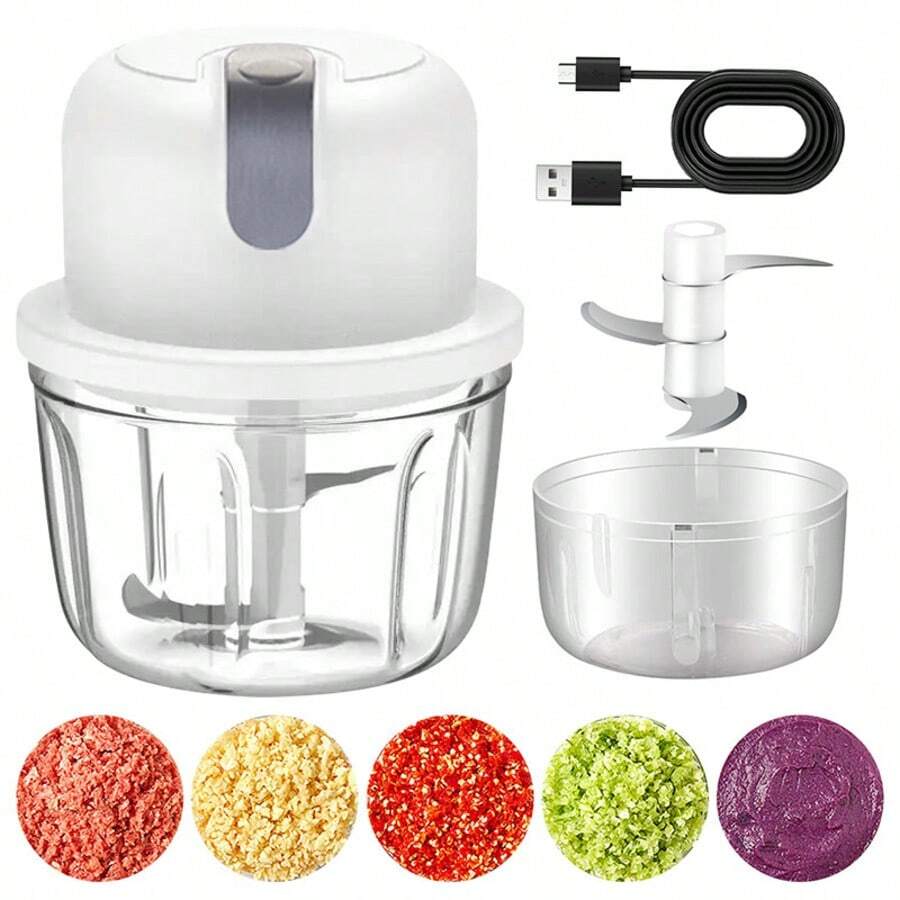 EASYSPEED Electric Garlic Chopper 1 Cup, 10.25Oz Mini USB Charging Wireless Food Processor With 304 Stainless Steel Blades, Portable Kitchen Meat Grinder For Onion, Garlic, Ginger, Chili, Almonds, Nut - 白色 - 查看 1