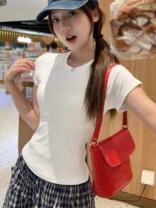 Áo thun cổ tròn ôm dáng cắt ngắn thêu mới - trắng - Xem 1